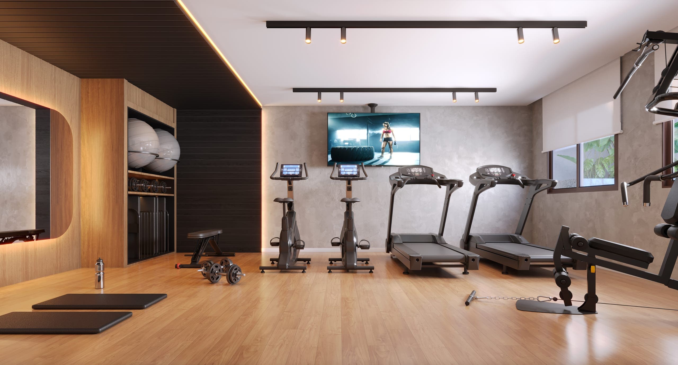 Academia do SOLO com esteiras, bicicletas ergométricas e piso de madeira