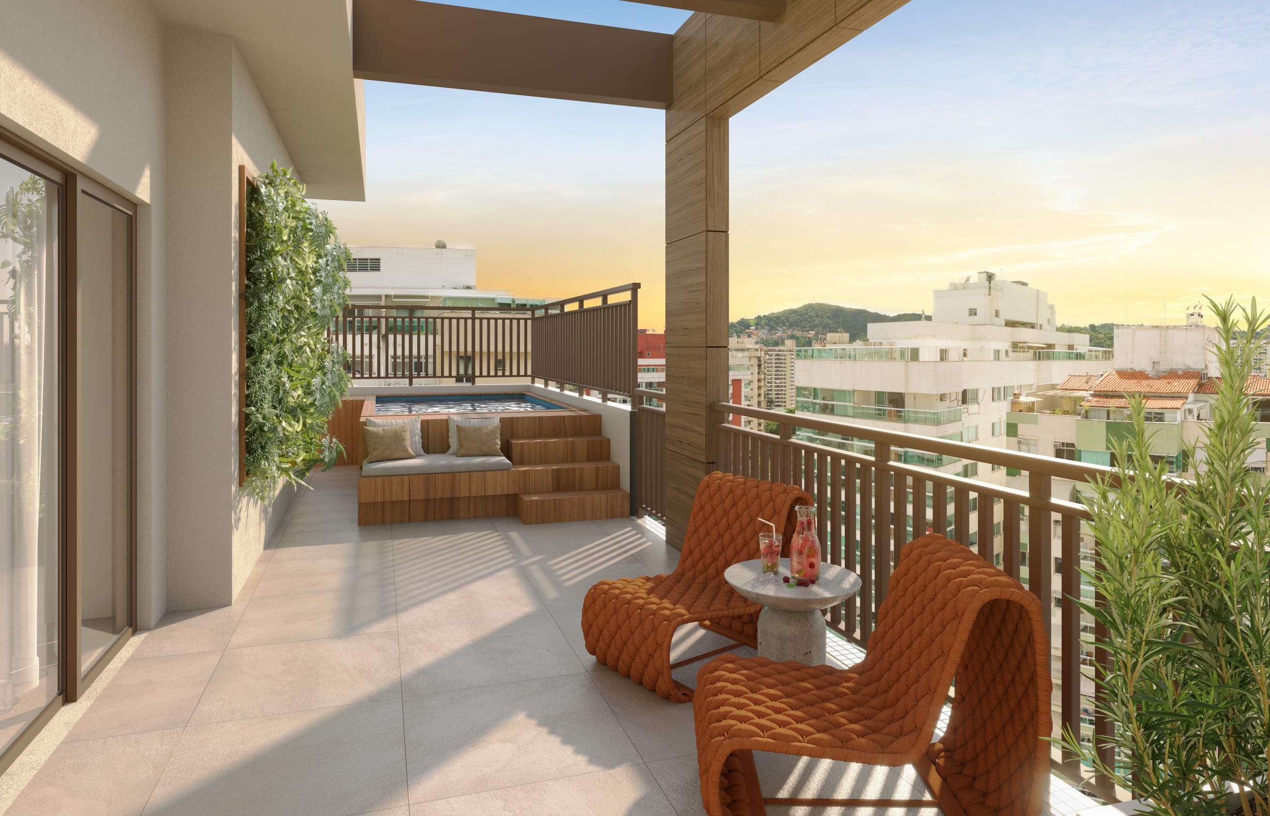 Terraço da cobertura linear com piscina privativa e poltronas ao pôr do sol