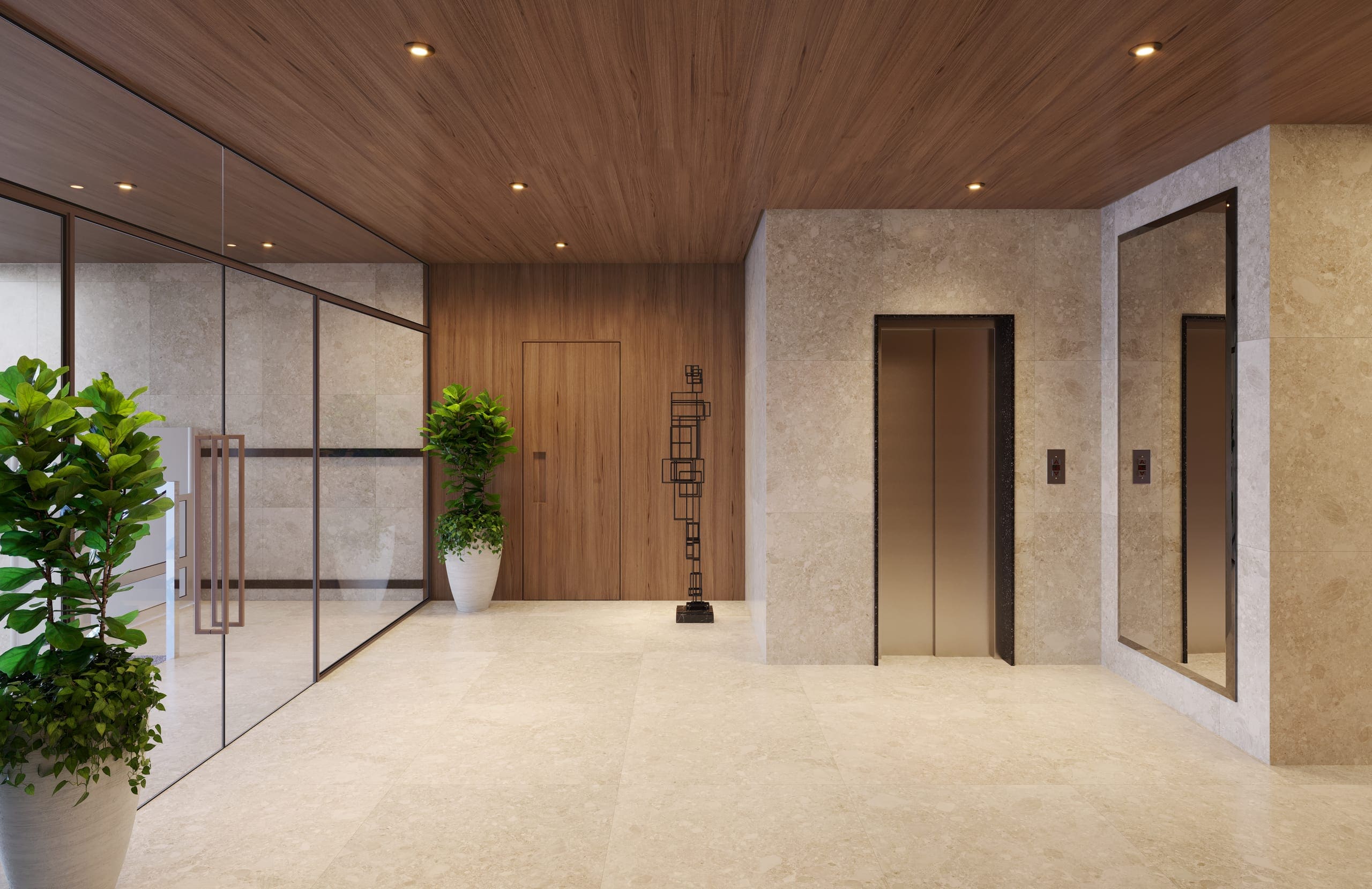 Hall de entrada do SOLO com revestimento em madeira, piso claro e acesso aos elevadores