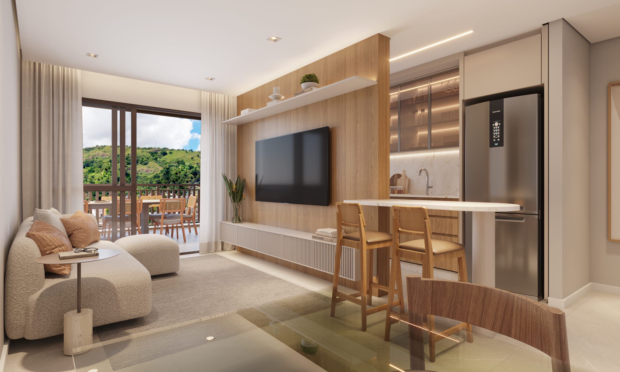 Living da coluna 03 com painel de TV em madeira, bancada e varanda