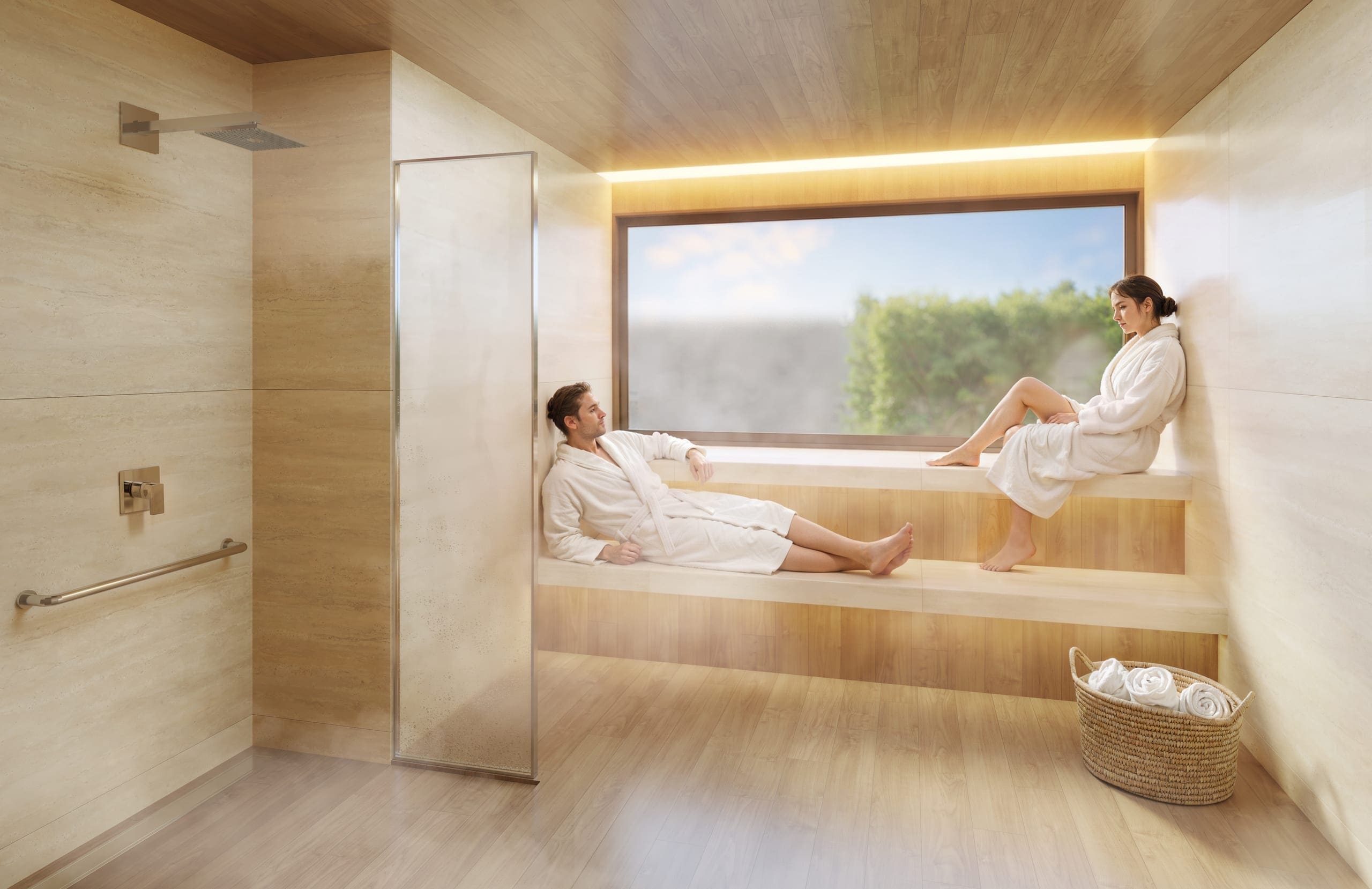 Sauna do SOLO com bancos em madeira e janela para o jardim