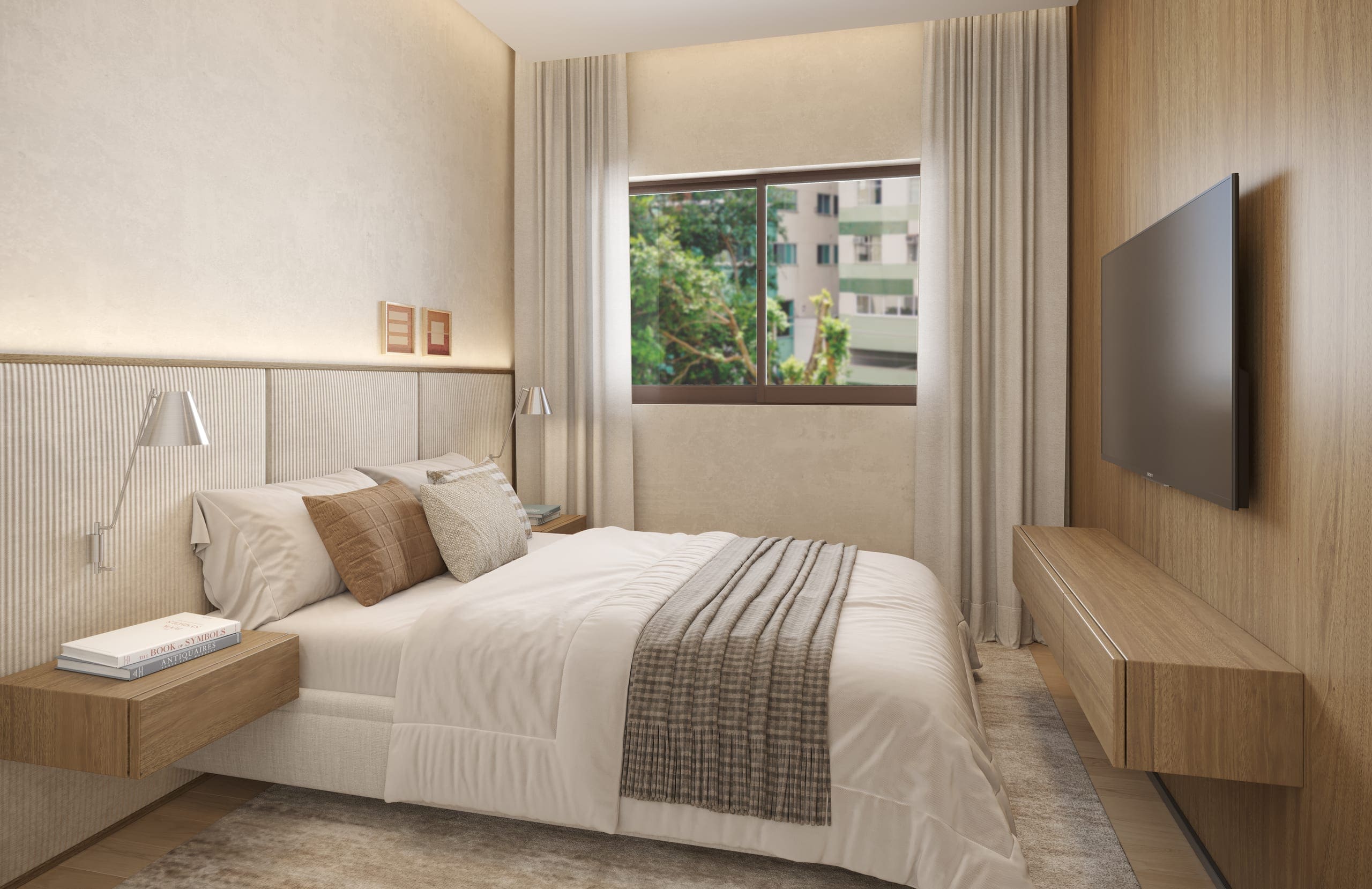 Suíte da coluna 01 com cama de casal, painel de madeira e janela