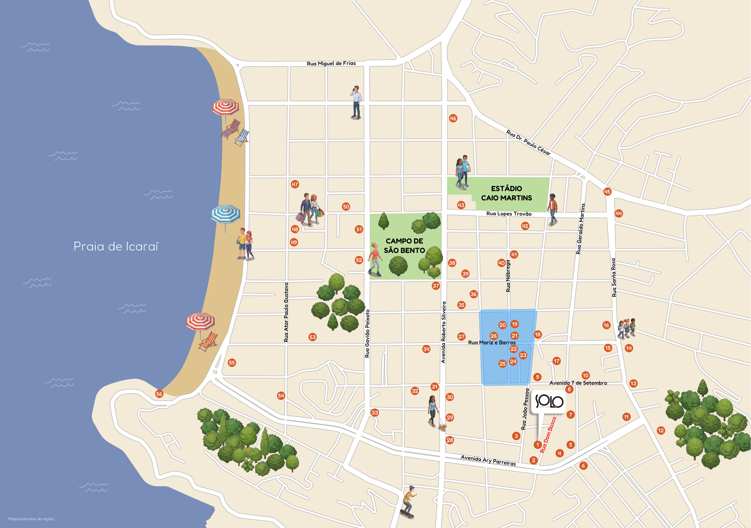 Mapa ilustrado do Jardim Icaraí com a localização do SOLO na Rua Dom Bosco, 104, e 56 pontos de interesse