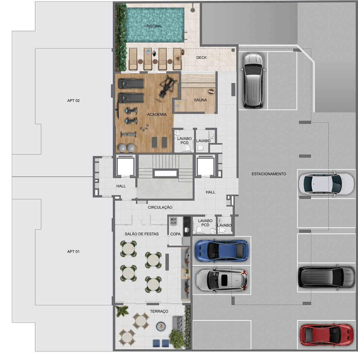 Planta humanizada do 2º pavimento (PUC) com piscina, academia, sauna, hall, salão gourmet, terraço e estacionamento