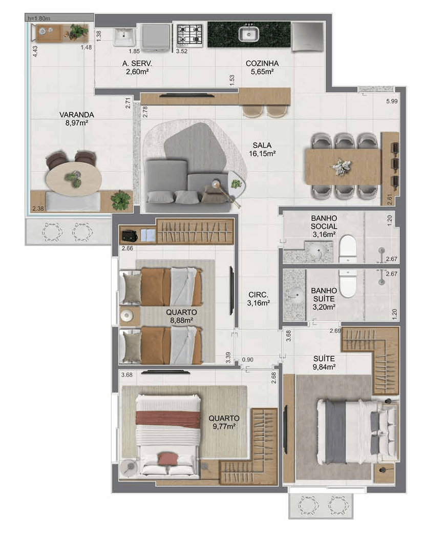 Planta humanizada — Apartamento 301 ao 1301