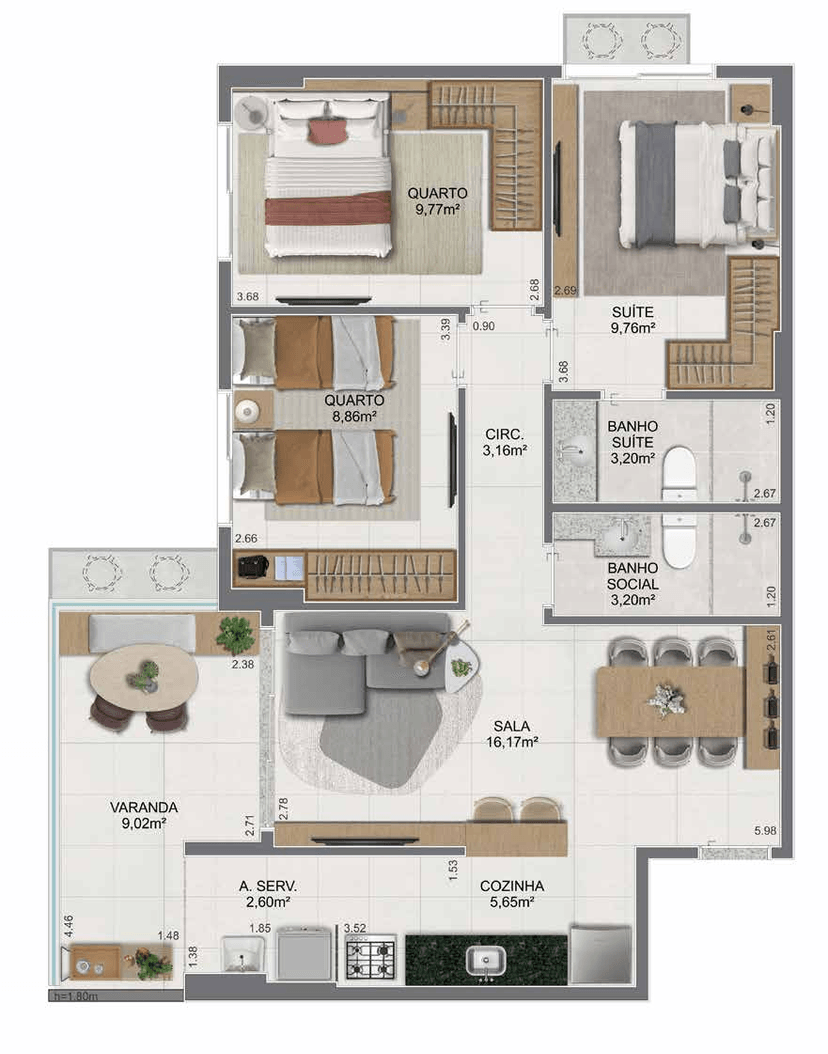 Planta humanizada — Apartamento 302 ao 1302