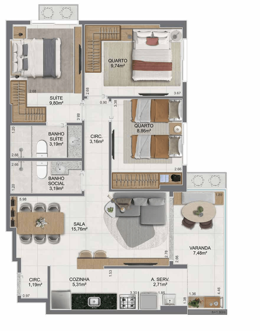 Planta humanizada — Apartamento 304 ao 1304