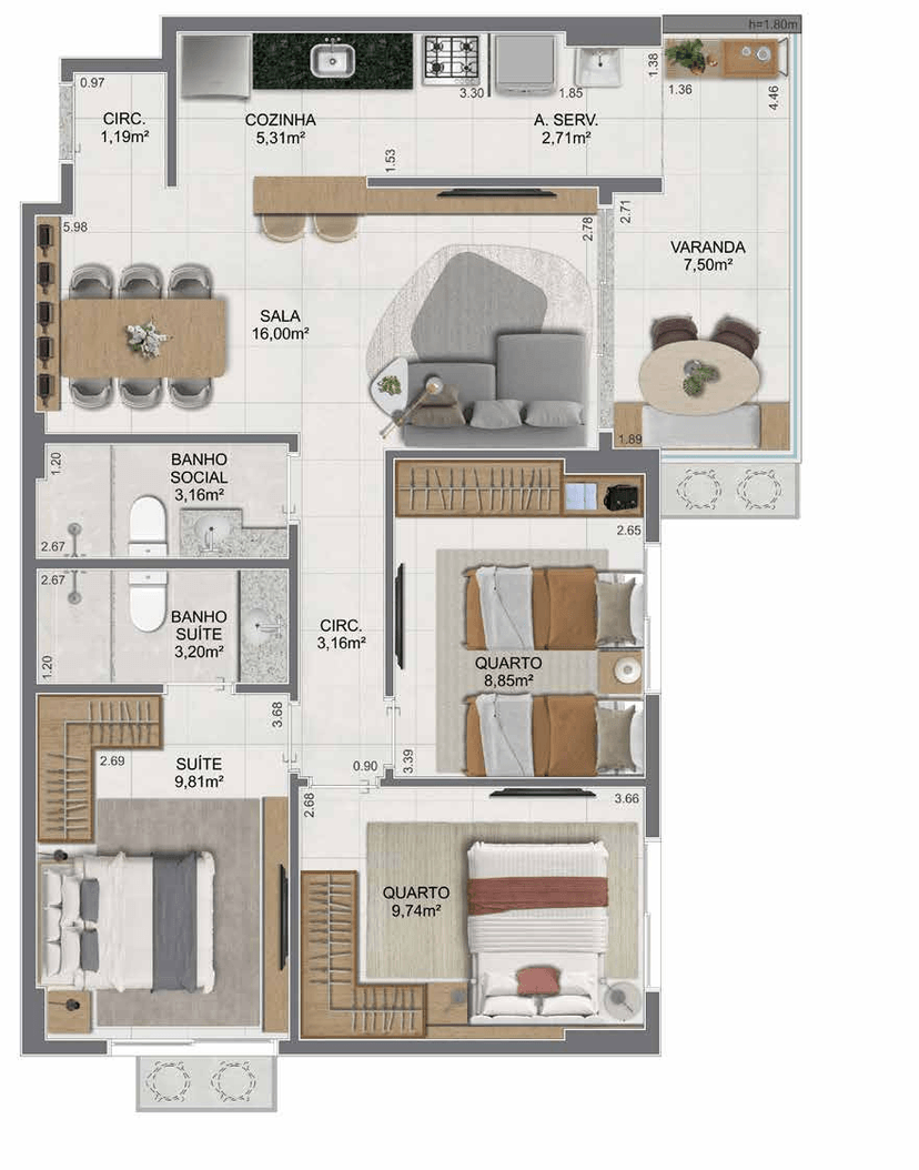Planta humanizada — Apartamento 305 ao 1305